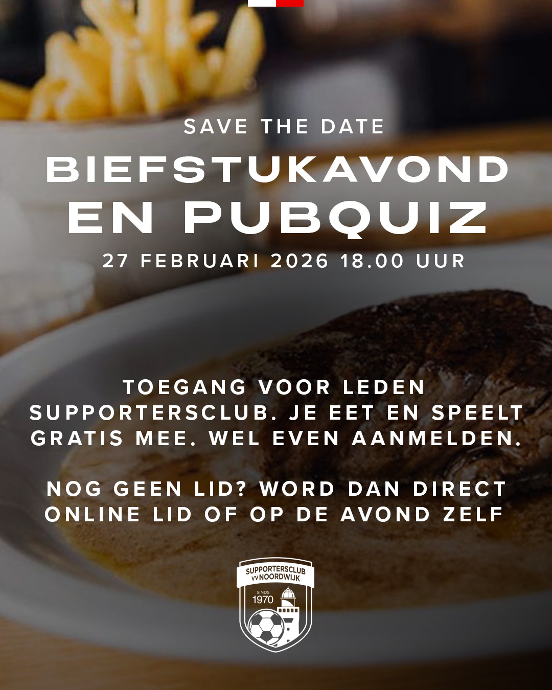 Vrijdag 27 februari biefstukavond (inclusief pubquiz) van Supportersclub vv Noordwijk